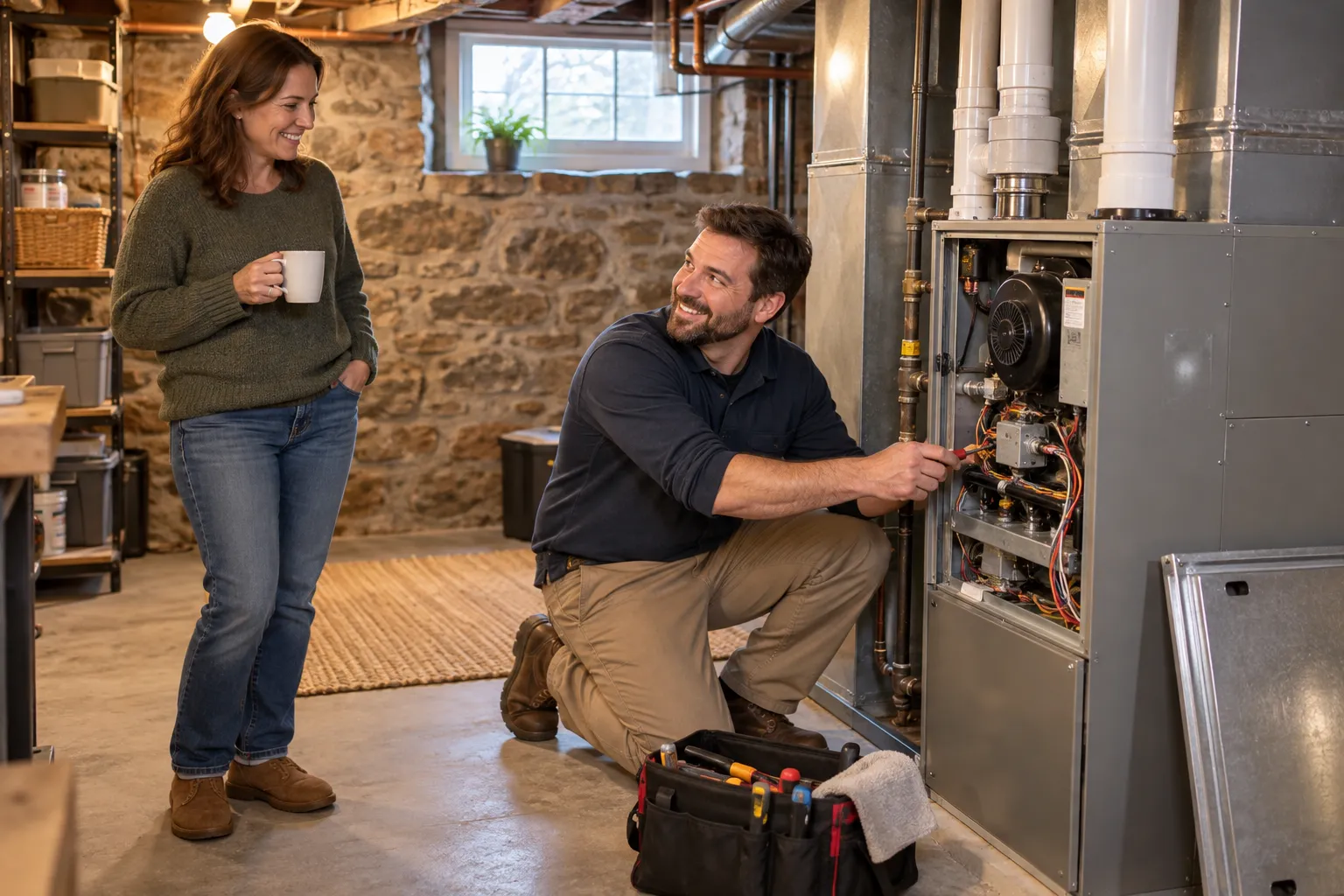 Friendly independent HVAC provider inspecting a furnace in an older basement near Peapack and Gladstone