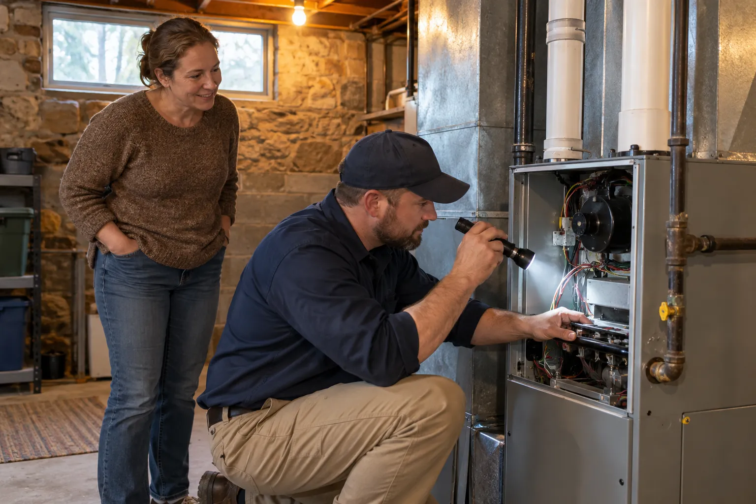 Provider inspecting a furnace in an older basement in the Peapack and Gladstone area