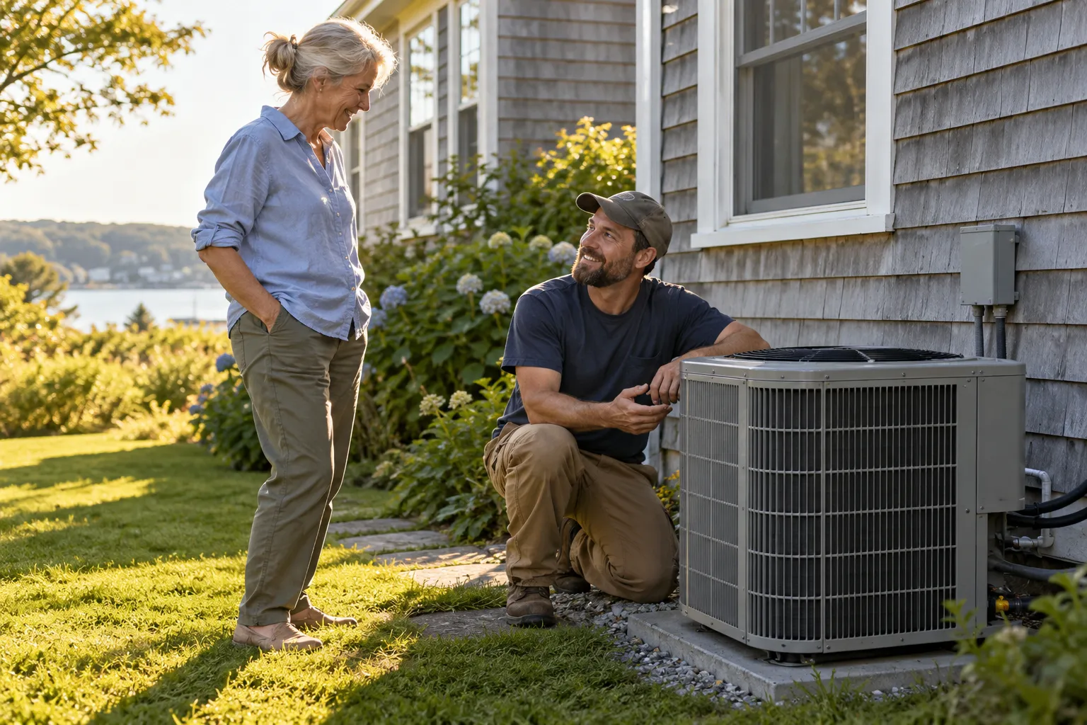 Friendly HVAC provider checking an air conditioner outside a home in Peapack and Gladstone